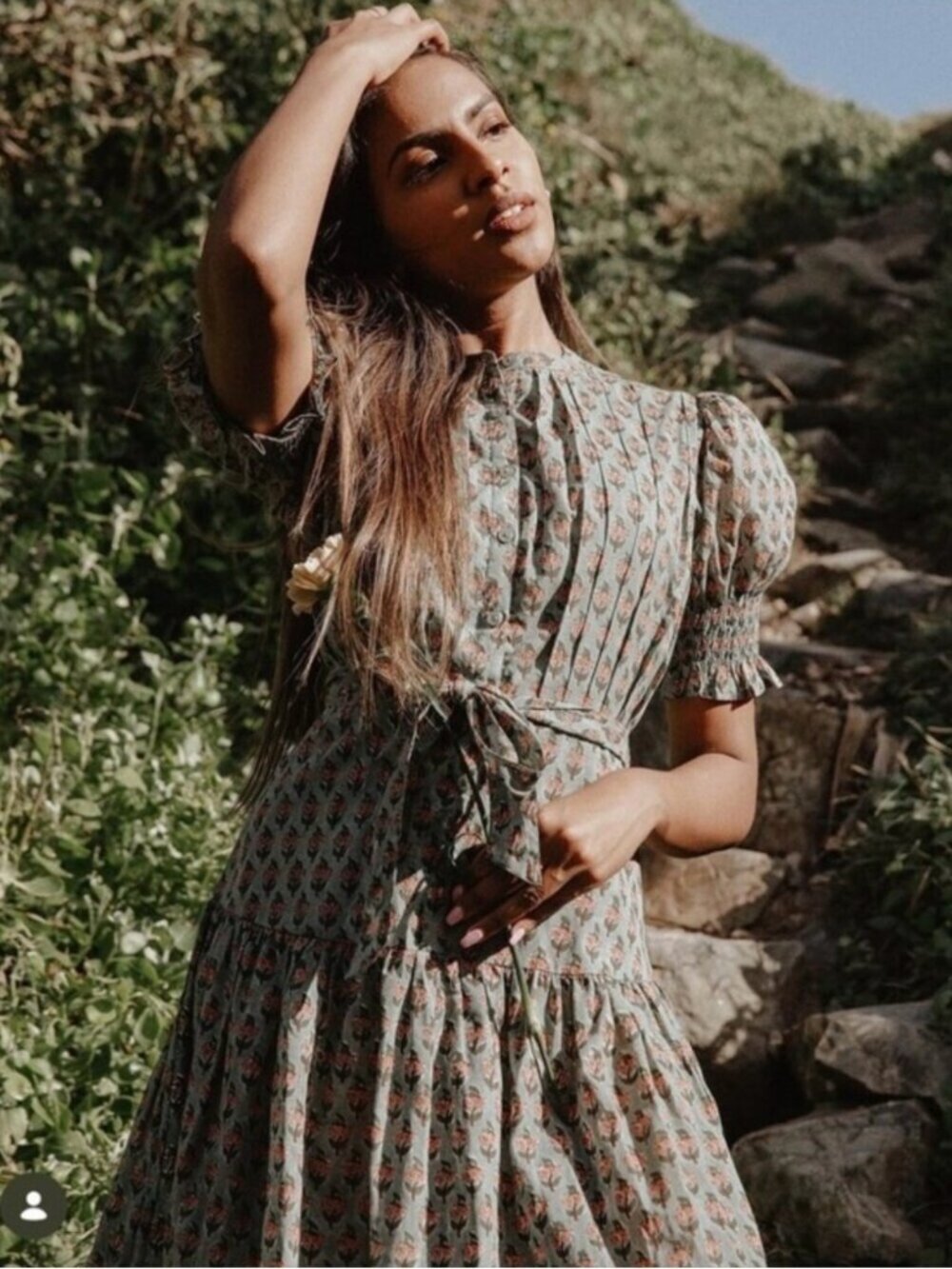 Daughters of India Prairie Midi Floral Sage Dress Puff Sleeves XL